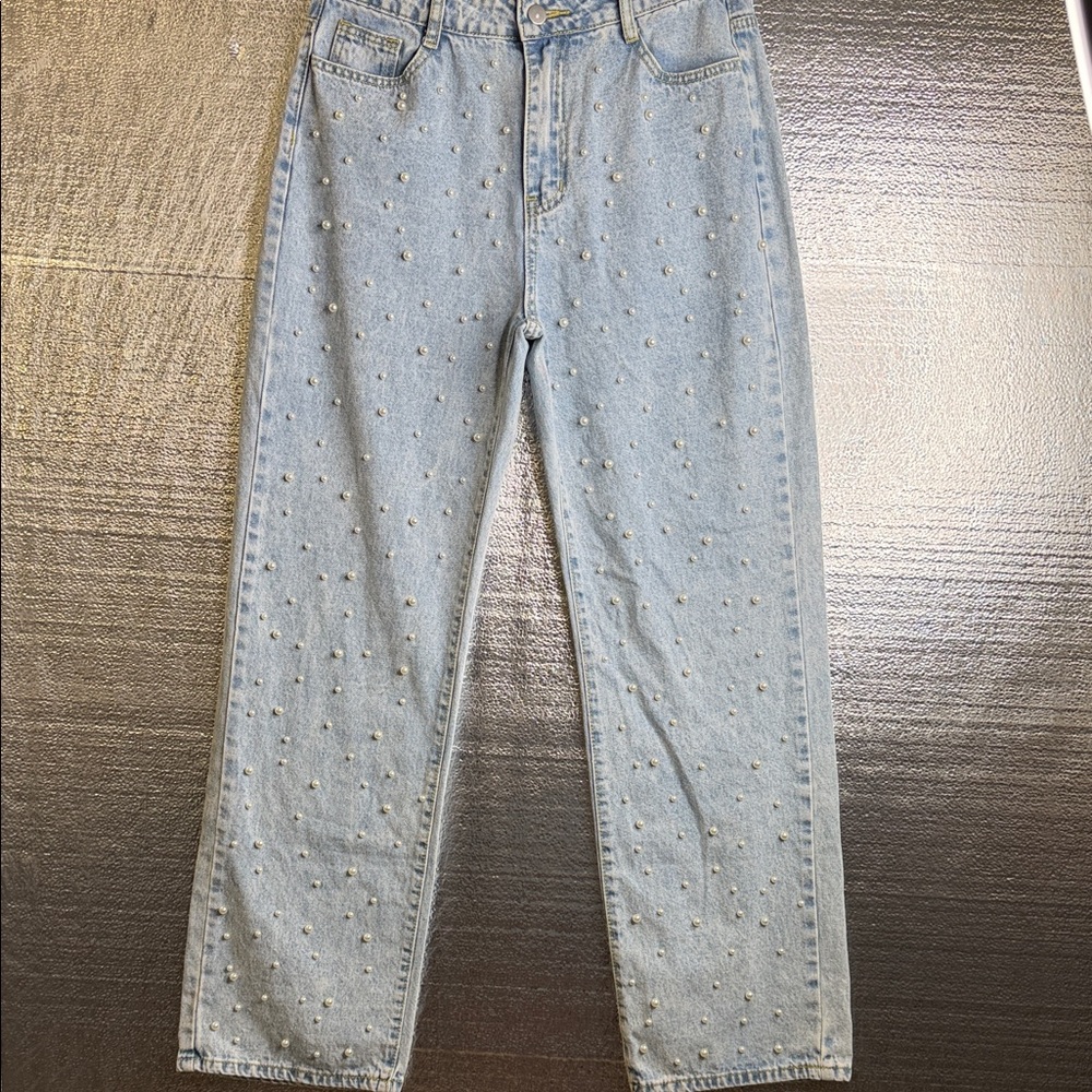 Light Blue Straight Leg Jeans with Pearl Stud Details